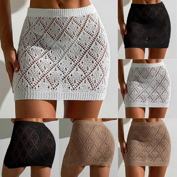 Tqyyweavej Women's Crochet Bathing Suit Coverups Skirts Hollow Out Sheer Beach Cover Up Solid Color Knit Cover Ups for Swimwear Women