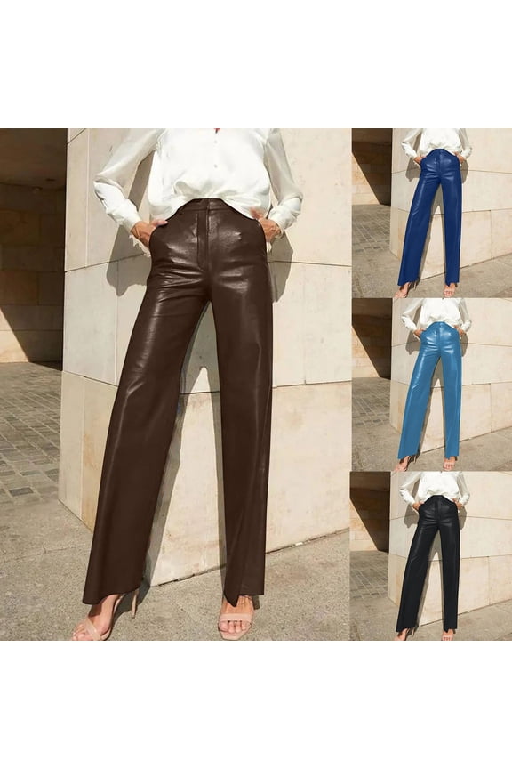 Women's Faux Leather Pants High Rise Vintage Straight Leg PU Trousers Solid Color Wide Leg Pants with Pockets Size XS to L