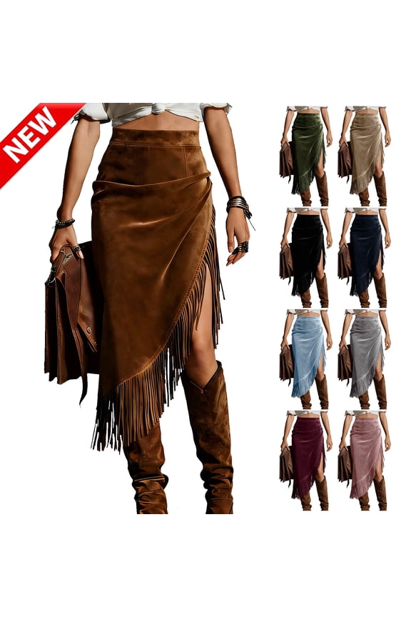 Women's Faux Suede Western Skirt High Waist Asymmetrical Tassel Midi Skirts Side Slit Solid Color Vintage Skirts for Women