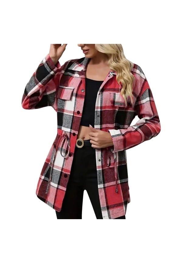 Women's Flannel Shirt Jacket Shacket Long Sleeve Button Down Collared Casual Tops Plaid Jacket Shirt with Pocket