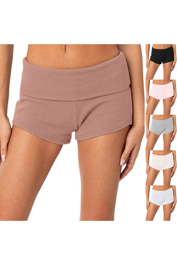 Women's Fold Over Shorts Low Rise Solid Color Tight Mini Shorts Elastic Waist Lounge Pajamas Micro Shorts for Women