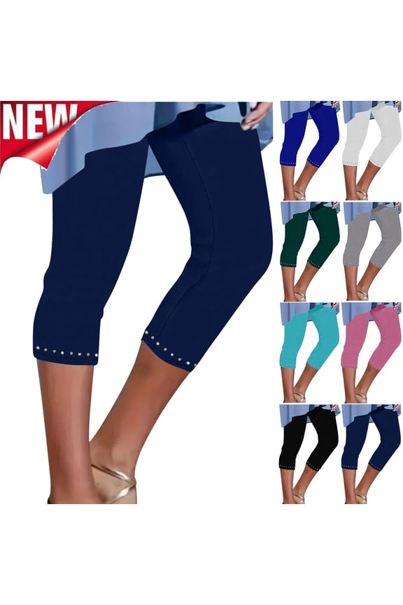 Women's High Waist Capri Leggings Tummy Control Tight Lounge Yoga Pants Rhinestone Trim Solid Color Summer Pants S-3XL