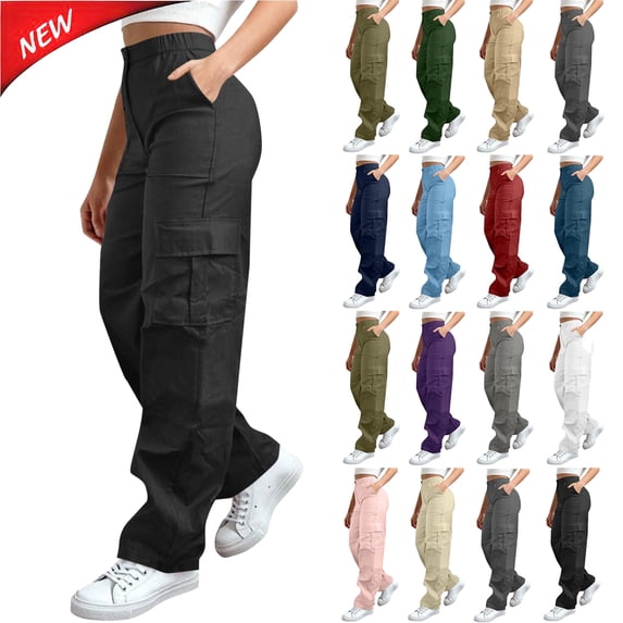 Tqyyweavej Women's Hiking Pants Straight Leg Button Zip Cargo Pants Solid Color Elastic Waist Capri Pants for Women with Pockets