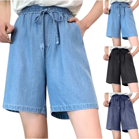 Tqyyweavej Women's Jeans Bermuda Shorts Lightweight Straight Leg Solid Color Denim Shorts Wide Leg Drawstring Shorts with Pockets