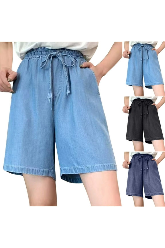 Women's Jeans Bermuda Shorts Lightweight Straight Leg Solid Color Denim Shorts Wide Leg Drawstring Shorts with Pockets