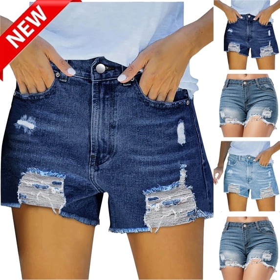Tqyyweavej Women's Jeans Shorts Frayed Hem Stretch Distressed Shorts Straight Leg Mid Rise Ripped Denim Shorts with Pockets Size S to 2XL