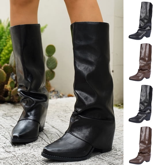 Tqyyweavej Women's Knee High Boots Fold Over Pointed Toe Motorcycle Riding Boots Versatile Solid Color Mid Chunky Heeled Shoes for Women