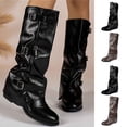 thumbnail image 1 of Tqyyweavej Women's Knee High Boots Mid Chunky Heeled Buckle Motorcycle Riding Boots Fold Over Versatile Round Toe Shoes for Women, 1 of 10