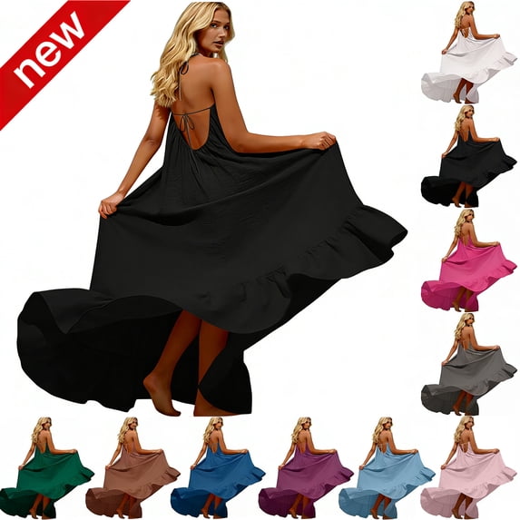 Tqyyweavej Women's Linen Backless Halter Dress Flowy Sleeveless Solid Color Cami Dress Back Tie Pajama Maxi Dress with Ruffle Hem