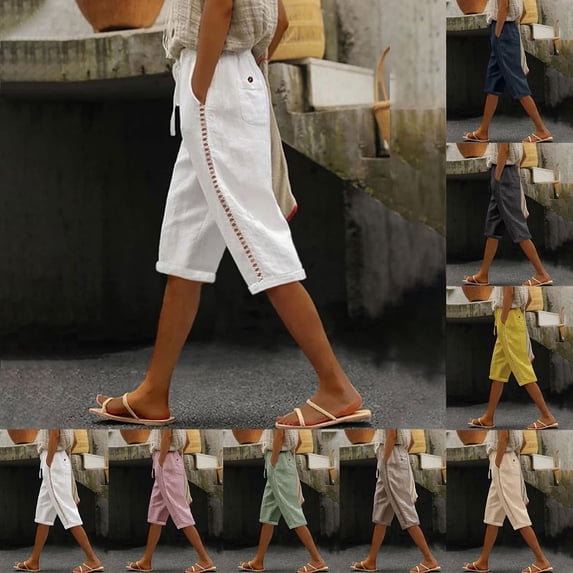Tqyyweavej Women's Linen Bermuda Shorts Cutout Straight Leg Baggy Shorts Drawstring Solid Color Folded Hem Shorts with Pockets Size S to 3XL