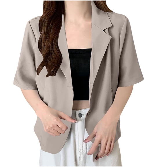 Tqyyweavej Women's Linen Blazer Lightweight Short Sleeve Shawl Lapel Suit Jacket Coat for Summer Office Work Travel
