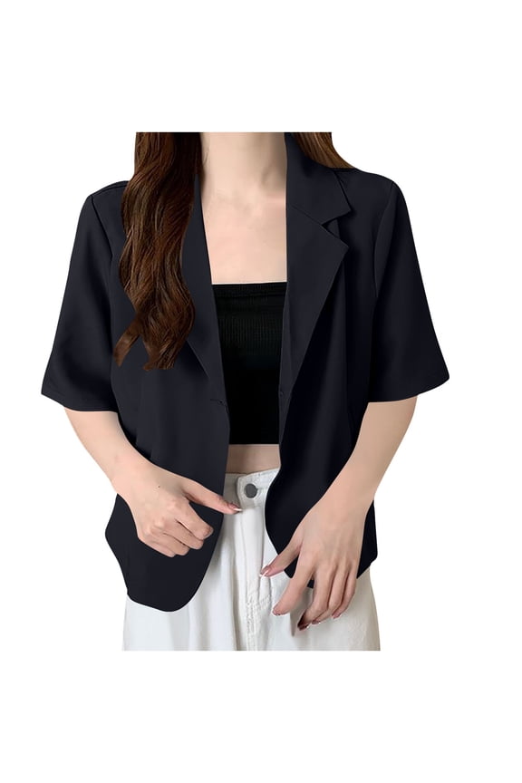 Women's Linen Blazer Lightweight Short Sleeve Shawl Lapel Suit Jacket Coat for Summer Office Work Travel