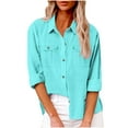 thumbnail image 1 of Tqyyweavej Women's Long Sleeve Button Down Shirts Casual Linen Shirt Solid Collared Lightweight Blouse Loose Fit Tops with Pockets, 1 of 7