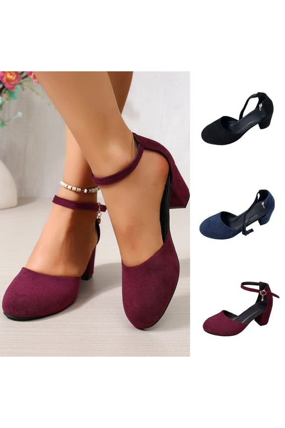 Women's Mary Jane Shoes Faux Suede High Chunky Block Heel Pumps Oversize Buckle Ankle Strap Dress Shoes Gifts for Women