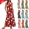 thumbnail image 1 of Tqyyweavej Women's Maxi Dress Printed Loose Fit Sleeveless Dress Side Slit Color Block Crewneck Summer Dresses for Women with Pockets, 1 of 9