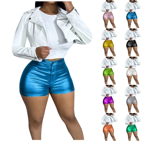 Tqyyweavej Women's Metallic Shorts Sparkly Tight Solid Color Hot Pants Botton Stretch Pleated Micro Shorts for Dance party S-2XL