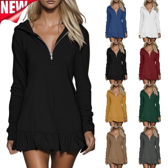 Tqyyweavej Women's Mini Dress Quarter-Zipper Ruffle Long Sleeve Dress Hoodie Solid Color Deep V Neck Spring Dresses for Women