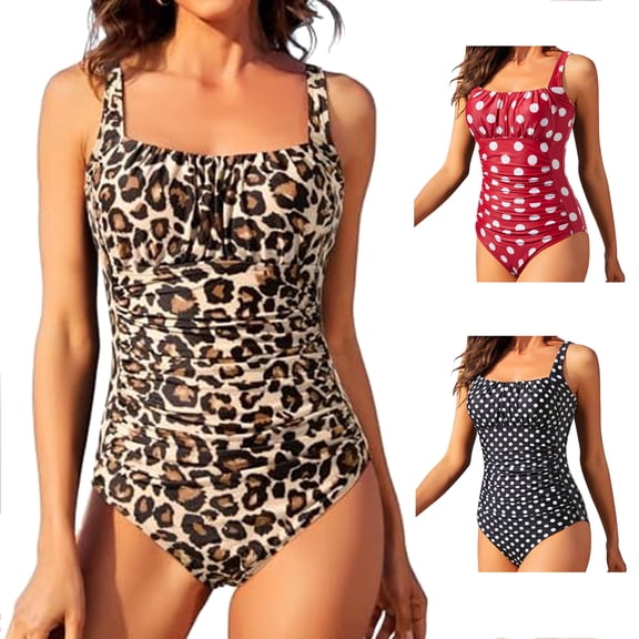 Tqyyweavej Women's One Piece Swim Suits Tummy Control Leopard Print Square Neck Beach Swimwear Pleated Color Block Tight Strap Swim Suits