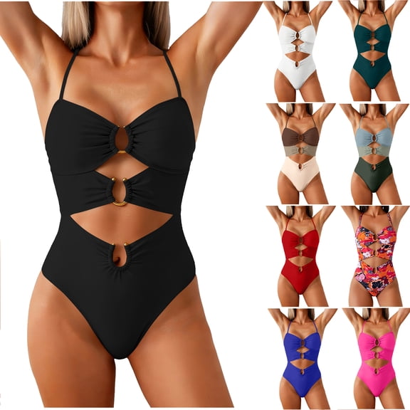 Tqyyweavej Women's One Piece Swimsuit Spaghetti Strap Cutout Color Block Beach Swimwear V Neck Sleeveless Ring Linked Monokini Bathing Suits