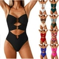thumbnail image 1 of Tqyyweavej Women's One Piece Swimsuit Spaghetti Strap V Neck Ring Linked Monokini Bathing Suits Cutout Sleeveless Solid Color Beach Swimwear, 1 of 7