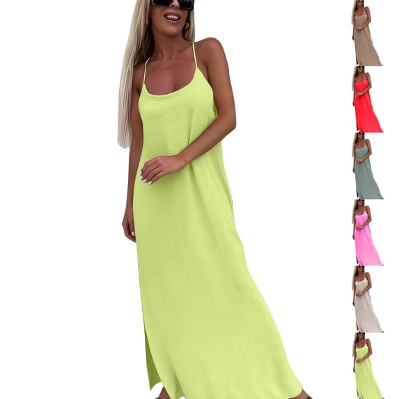 Tqyyweavej Women's Open Back Cami Dress Crisscross Side Slit Square Neck Dress Solid Color Loose Fit Maxi Dresses for Women