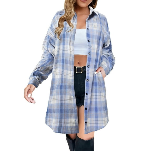 Tqyyweavej Women's Plaid Shirts Lounge Lapel Button Up Long Sleeve Collared Long Shirt Shacket Coats Cardigans Fall Jacket
