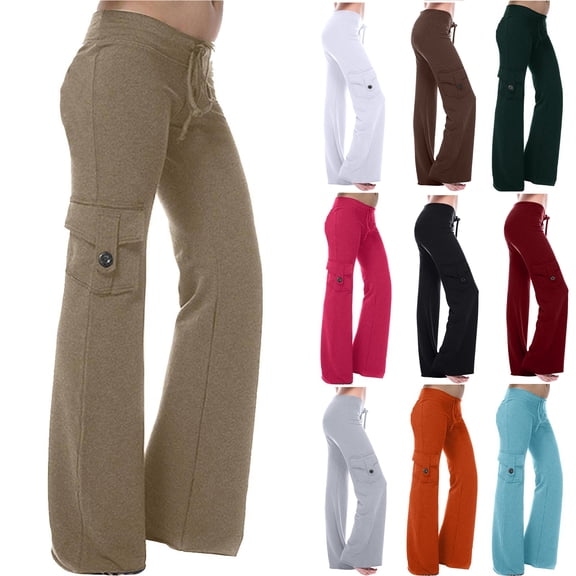 Tqyyweavej Women's Plus Cargo Pants Wide Leg Drawstring Stretchy Solid Color Pants Casual Loose Fit Cargo Pants Women with Pockets