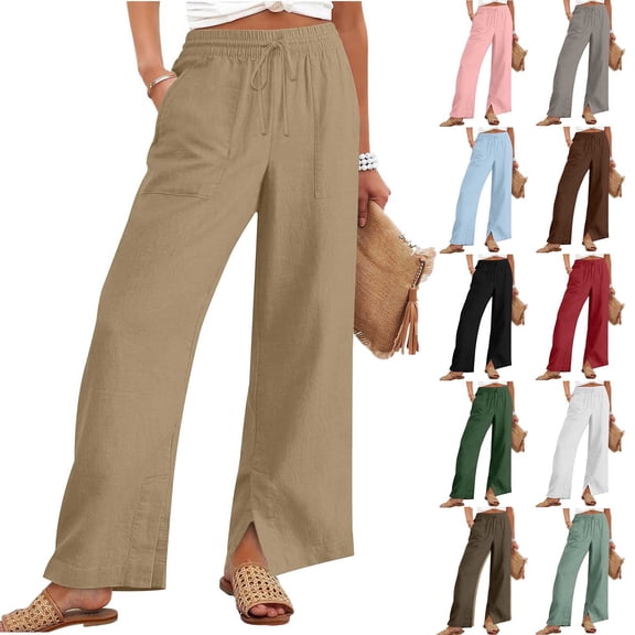 Tqyyweavej Women's Plus Cotton Linen Palazzo Pants Drawstring Solid Color Pull-On Trousers Lounge Straight Leg Pants with Pockets