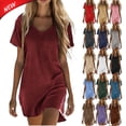 thumbnail image 1 of Tqyyweavej Women's Plus T Shirt Dress Linen Loose Fit V Neck Mini Dress Oversize Solid Color Short Sleeve Dress, Pajamas for Women, 1 of 8