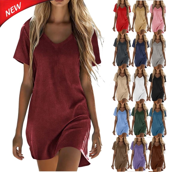 Tqyyweavej Women's Plus T Shirt Dress Linen Loose Fit V Neck Mini Dress Oversize Solid Color Short Sleeve Dress, Pajamas for Women