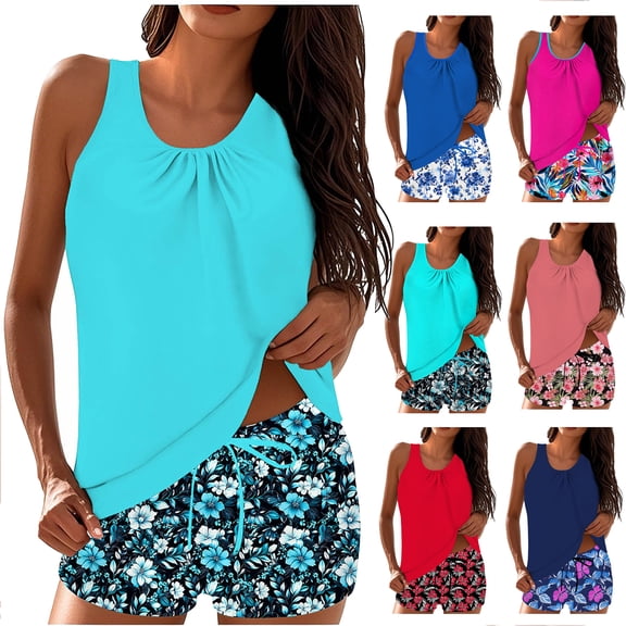 Tqyyweavej Women's Plus Tankini Swim Suits Pleated Solid Color Sleeveless Beach Swimwear Vests and Floral High Rised Drawstring Bathing Trunks