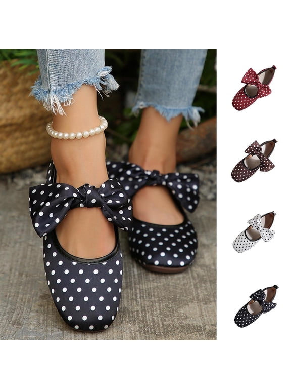 Women's Polka Dots Mary Jane Flats Bowknot Versatile Square Closed Toe Pumps Slip On Dressy Ballet Shoes, Gifts for Women