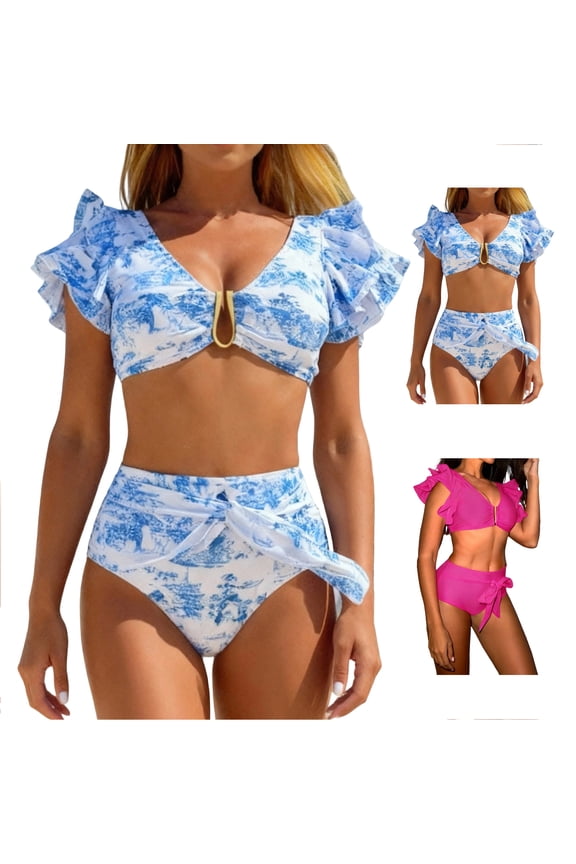 Women's Ruffle Sleeve Bikini Sets Deep V Neck U Wire Casual Tops and High Waisted Tied Tight Swim Bottoms Size S to XL