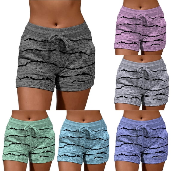 Tqyyweavej Women's Shorts Drawstring Print Color Block Hot Shorts Pull-On Straight Leg Tight Shorts with Pockets Size S to 2XL