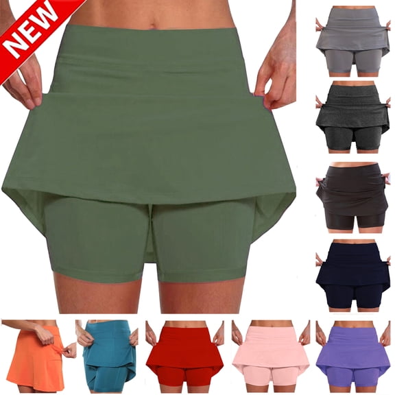 Tqyyweavej Women's Skorts Mid Waist Casual Solid Color Golf Skorts Oversize Seamless Athletic Skort with Pockets for Running Tennis