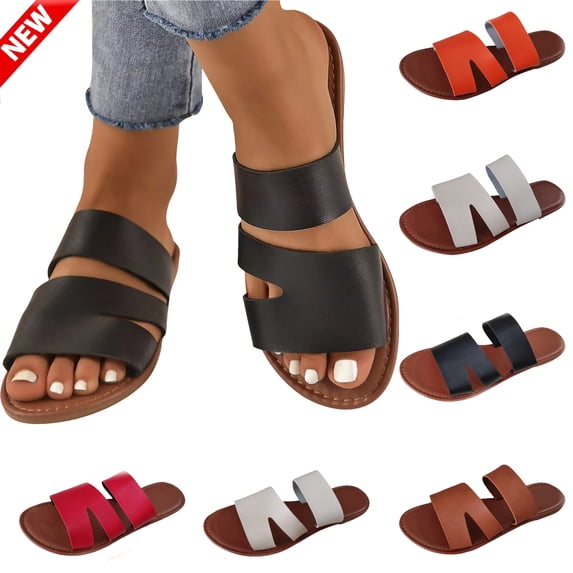 Tqyyweavej Women's Slides Sandals Cutout Color Block Slip On Flat Sandals Open Toe Faux Leather Versatile Sandals Gifts for Women