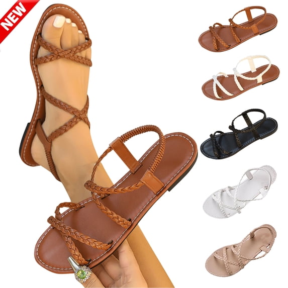 Tqyyweavej Women's Strappy Flat Sandals Open Toe Ankle Strap Casual Sandals Slip-On Versatile Solid Color Summer Sandals Gifts for Women