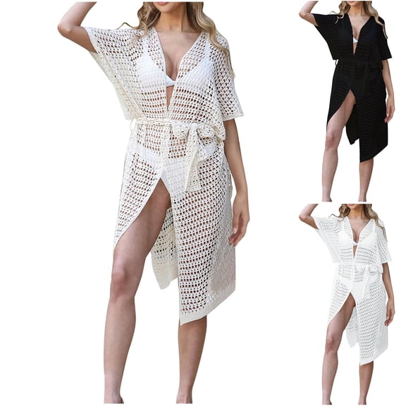 Tqyyweavej Women's Swim Crochet Cover Up Hollow Out Tie Waist Solid Color Shirts Short Sleeve Crew Neck Beach Cover Up with Tassels