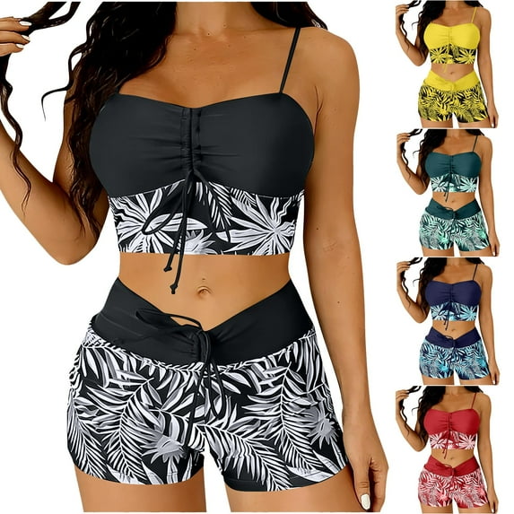 Tqyyweavej Women's Tankini Swim Suits Spaghetti Strap String Square Neck Bathing Suit Tops and Tummy Control Drawstring Print Swim Board Shorts
