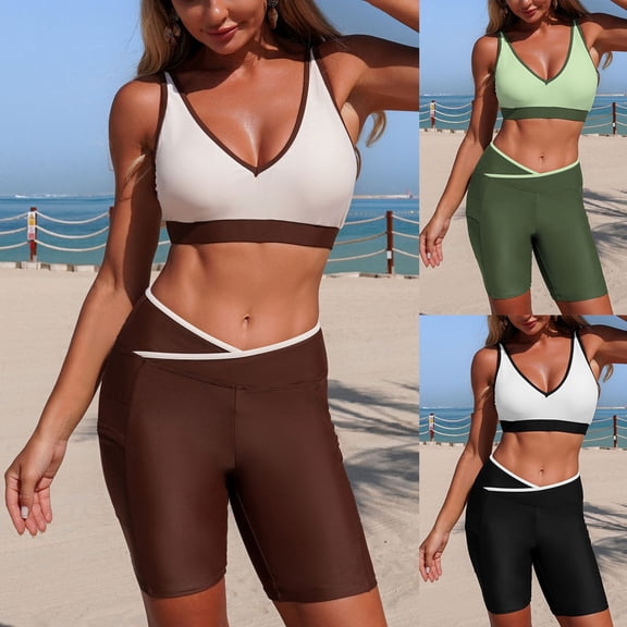 Tqyyweavej Women's Tankini Swimsuit Strap Deep V Neck Workout Bathing Suit Tops and Summer Color Block Tight Capri Pants S-XL