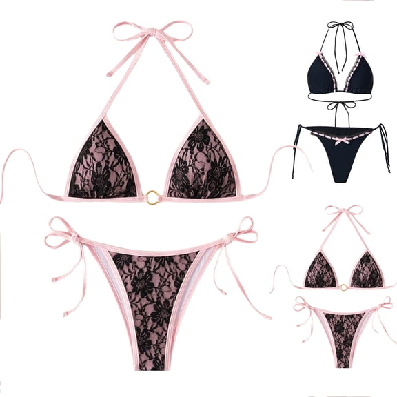 Tqyyweavej Women's Triangle Bikini Sets Halter Lace Solid Color V Neck Swimwear Tops and Bow Side Tied Black Bikini Bottoms for Beach Party S-XL