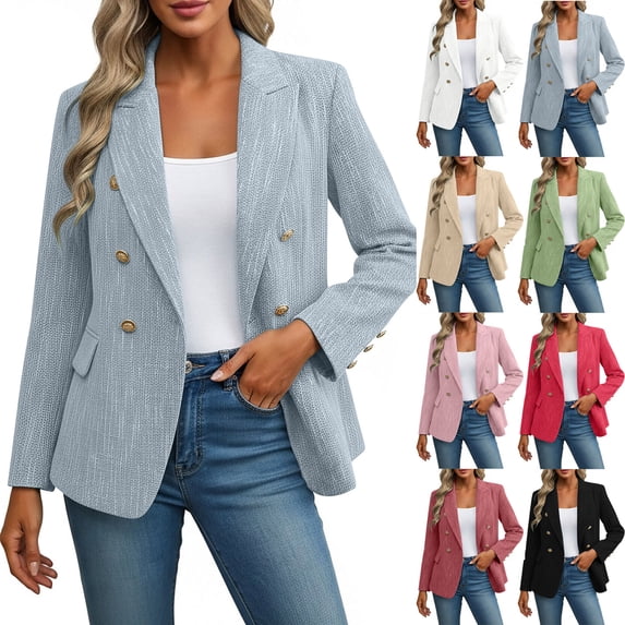 Tqyyweavej Women's Tweed Blazers Business Casual Double Breasted Plaid Jackets Open Front Long Sleeve Work Suits with Pockets S-2XL