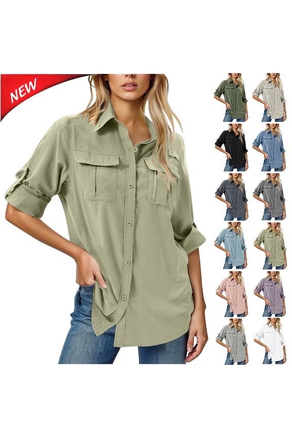 Women's UPF 50 Long Sleeve Fishing Shirts Quick Dry Button Down Solid Color Blouses Outdoor UV Sun Protection Tops with Pockets for Hiking