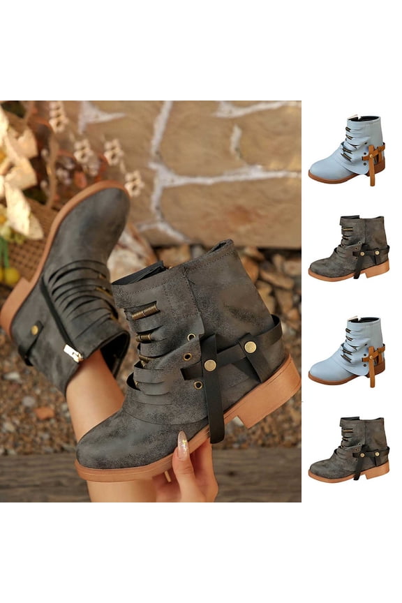 Women's Vintage Boots Oversized Round Toe Low Block Heel Ankle Short Booties Zipper Versatile Fashion Western Boots for Women