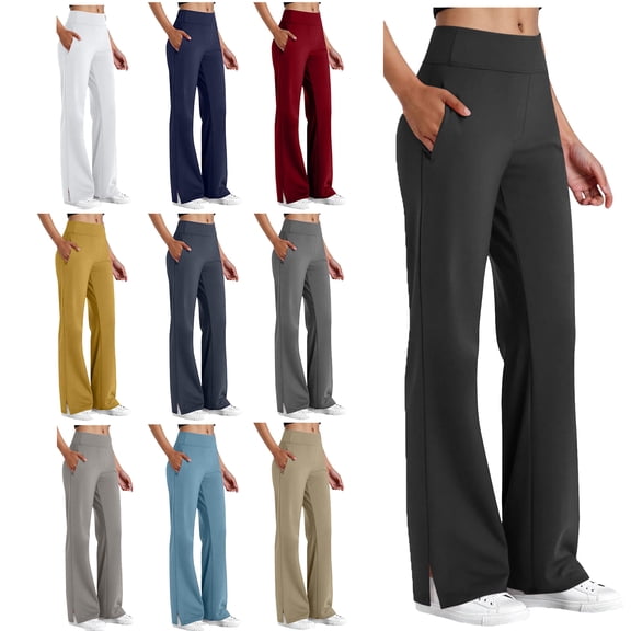 Tqyyweavej Women's Wide Leg Yoga Pants Tummy Control Workout Casual Trousers Slim Solid Color Leggings with Pockets for Women