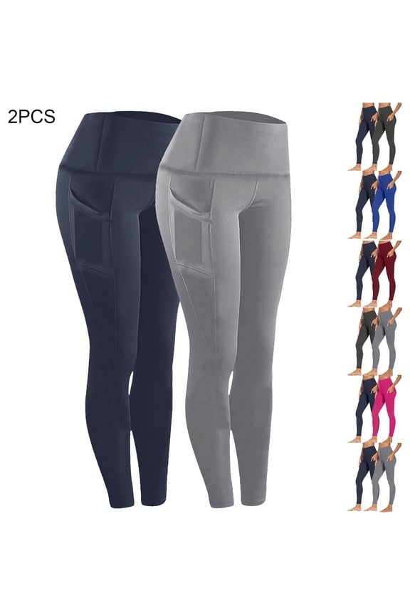 Womens 2 Pack Leggings High Waist Athletic Fitness Stretch Pants Tummy Control Solid Color Casual Yoga Pants with Pockets for Runnning