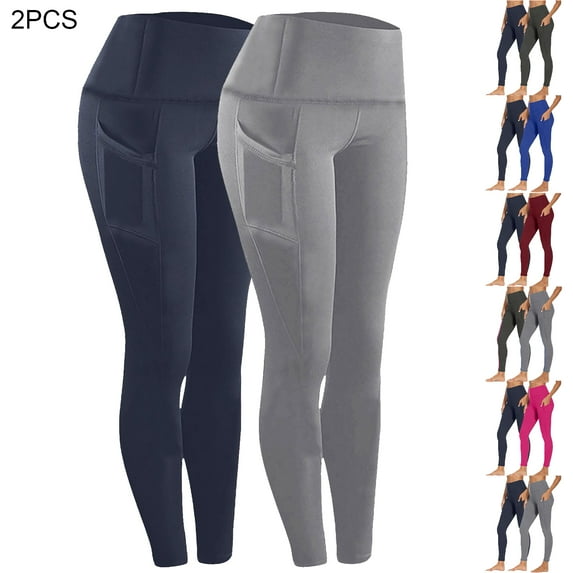 Tqyyweavej Womens 2 Pack Leggings High Waist Athletic Fitness Stretch Pants Tummy Control Solid Color Casual Yoga Pants with Pockets for Runnning