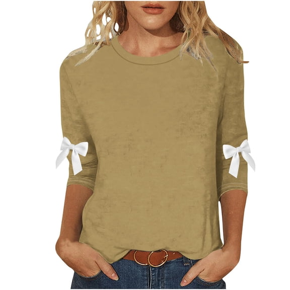 Tqyyweavej Womens 3/4 Sleeve Shirts Casual Crew Neck Shirt Bow Solid Color Loose Fit Tunic Blouses Tees Tops S-5XL