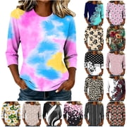 Tqyyweavej Womens 3/4 Sleeve Shirts Plus Size Printed Crew Neck Tops Loose Fit Casual V Neck Blouses, Gifts for Women S-5XL