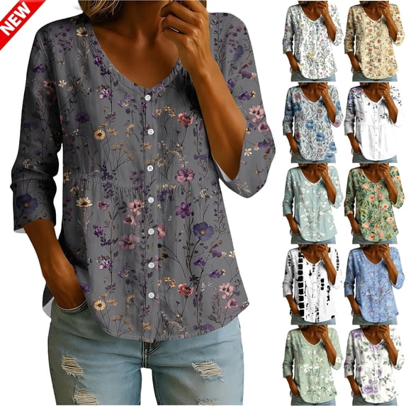 Tqyyweavej Womens 3/4 Sleeve Tops Floral Button Down V Neck Blouses Loose Casual Color Block Linen Tops for Women Size S to 2XL